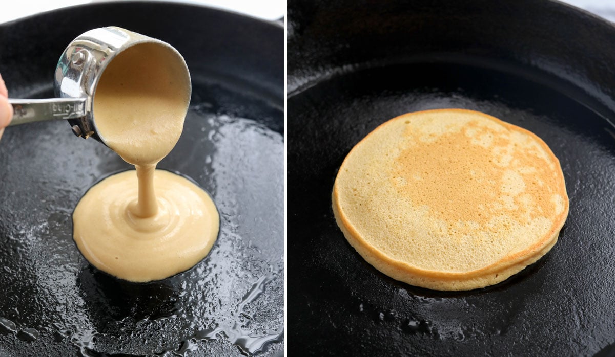 chickpea pancake batter poured into cast iron skillet
