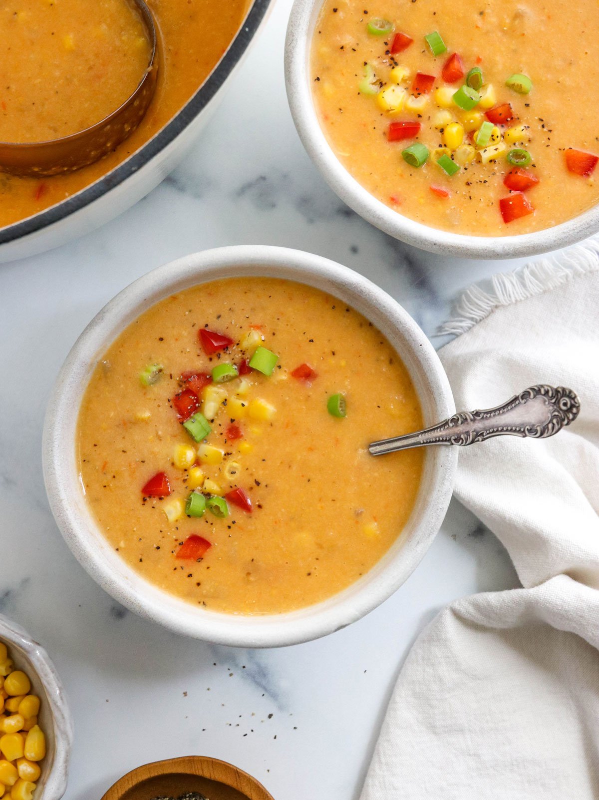 vegan corn chowder in two bowls