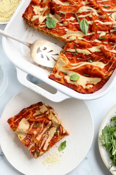 vegan lasagna sliced in pan